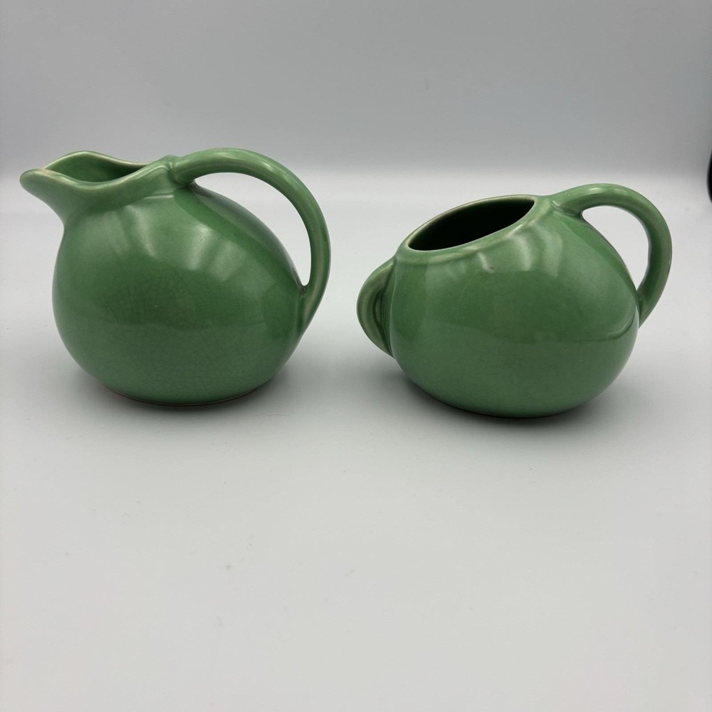 Vintage Creamer &Sugar Ball Tilted 40's50's Style Celedon Green Glaze MCM‎ 3"